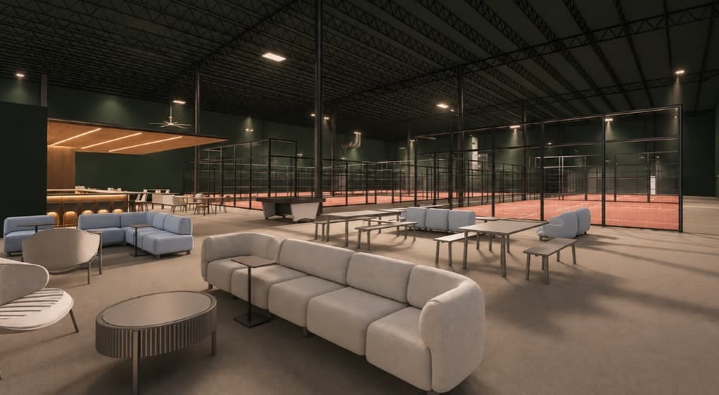Rendering: the lounge, looking out on the indoor padel courts